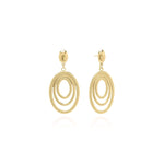 Elena Orbit Drop Earrings by ARIIRA, showcasing layered gold design with sculptural curves and concentric silhouette.
