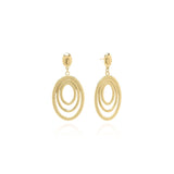 Elena Orbit Drop Earrings by ARIIRA, showcasing layered gold design with sculptural curves and concentric silhouette.