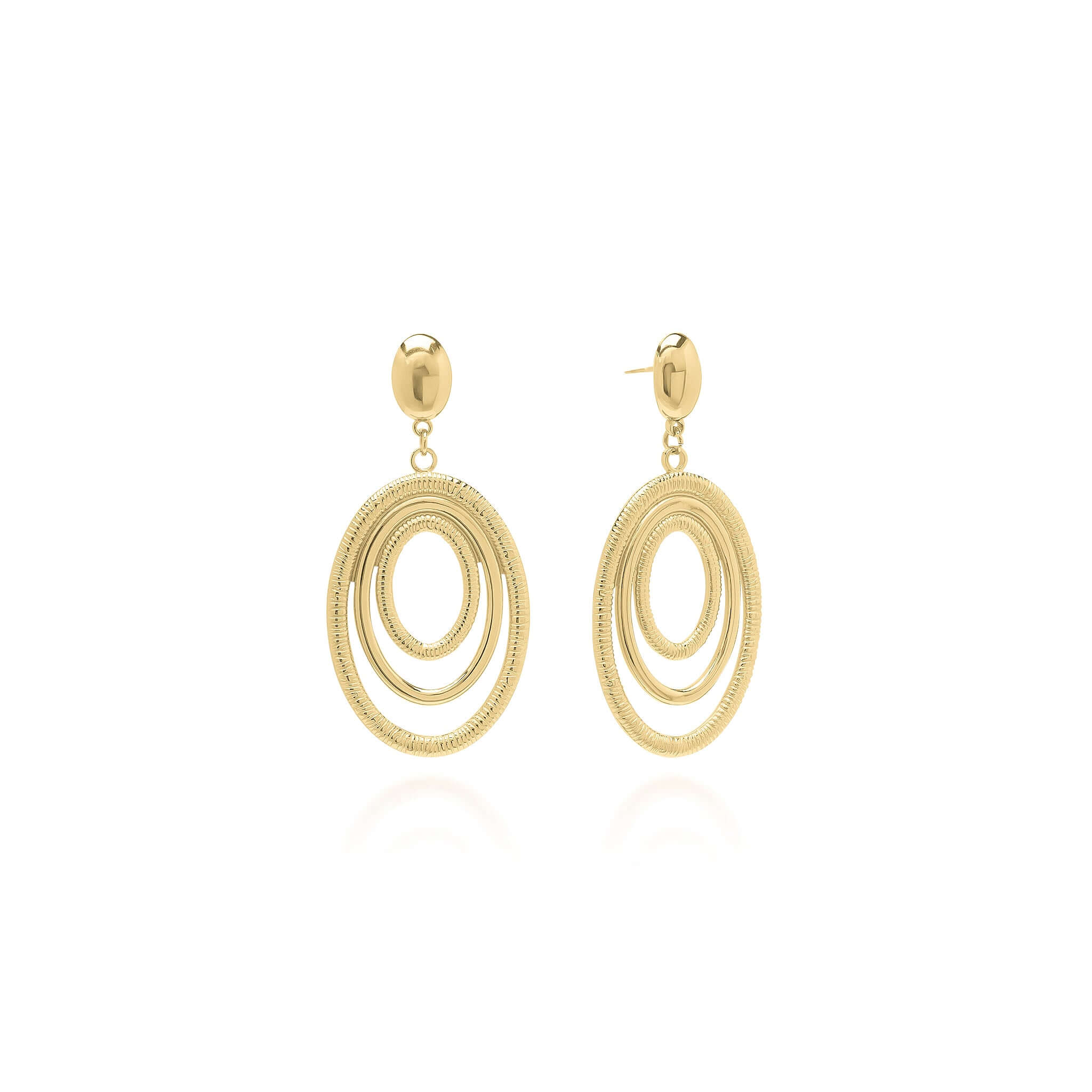 Elena Orbit Drop Earrings by ARIIRA, showcasing layered gold design with sculptural curves and concentric silhouette.