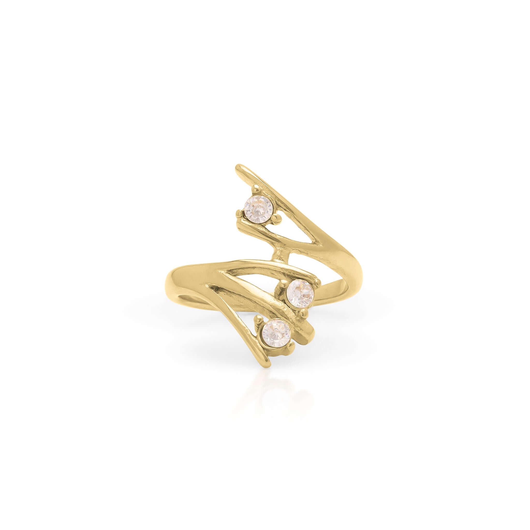 Lyra Crystal Branch Adjustable Ring by ARIIRA, featuring three round-cut crystals in a nature-inspired design.