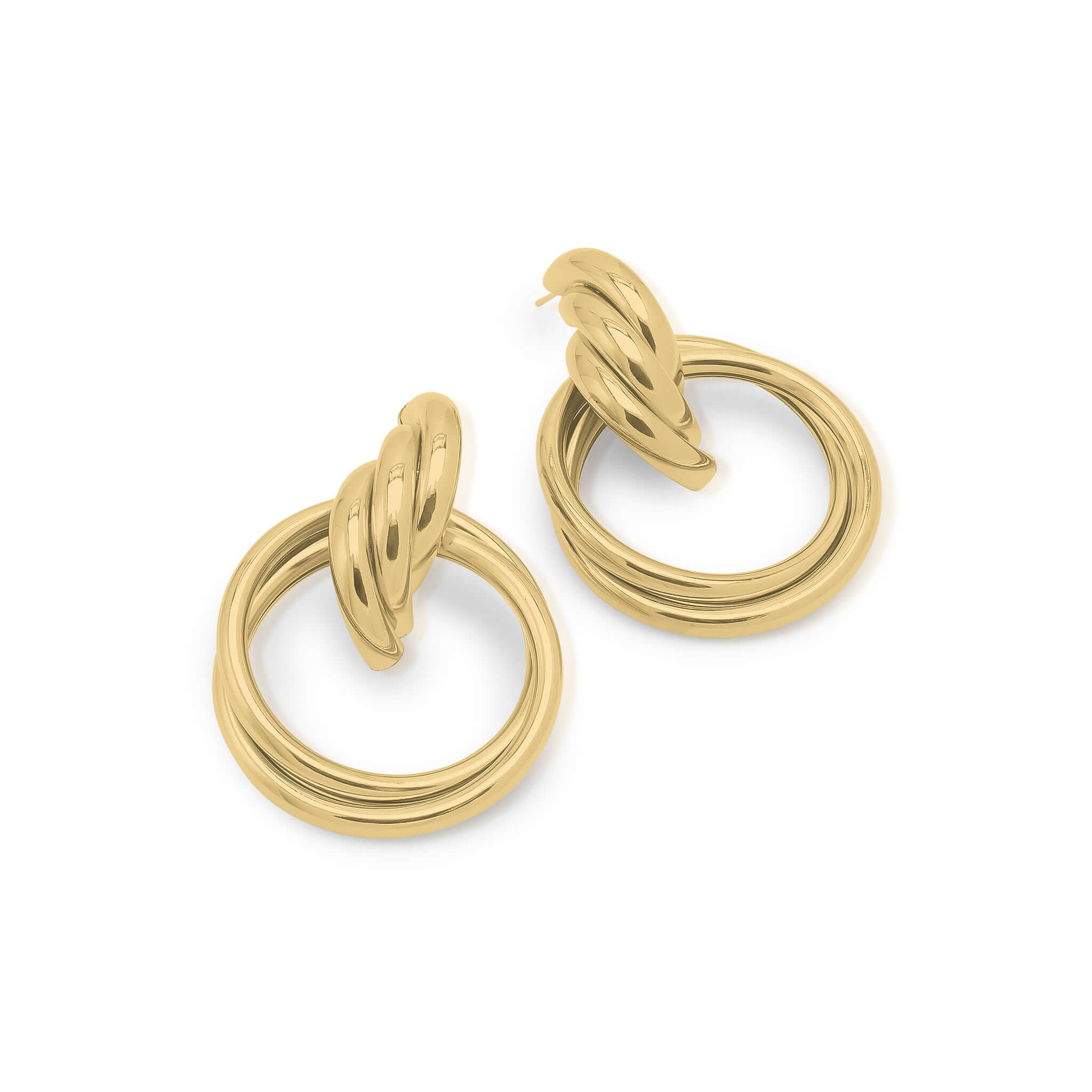 Alma Sculpted Knot Drop Earrings by ARIIRA; polished gold with circular drop design for a bold, elegant look.