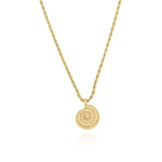 ARIIRA Hallie rope chain necklace with spiral medallion, featuring textured design and soft gold glow.