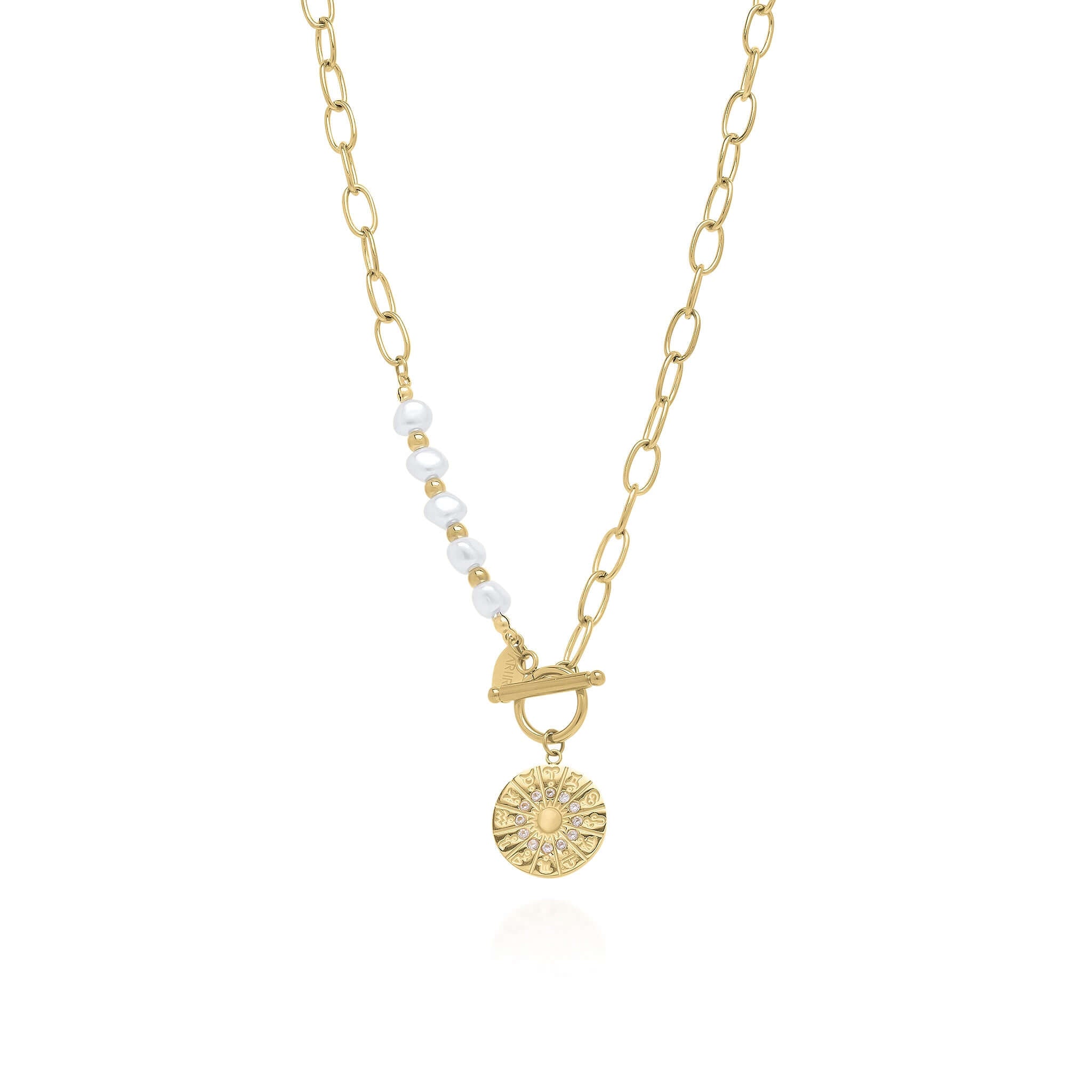 Mira Pearl Link Medallion Necklace by ARIIRA featuring freshwater pearls and a gold medallion charm.