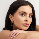 Model wearing ARIIRA Alina Linked Gold Drop Earrings, showcasing their elegant interlocked design.