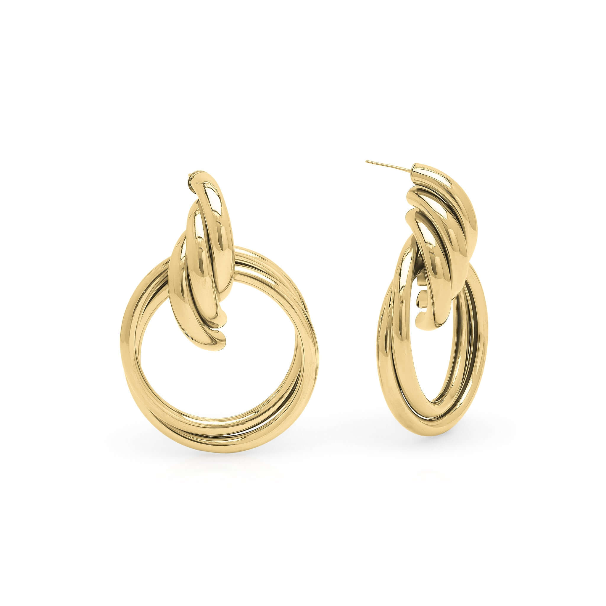 Alma Sculpted Knot Drop Earrings by ARIIRA, featuring polished gold design and smooth circular drop, perfect for any occasion.
