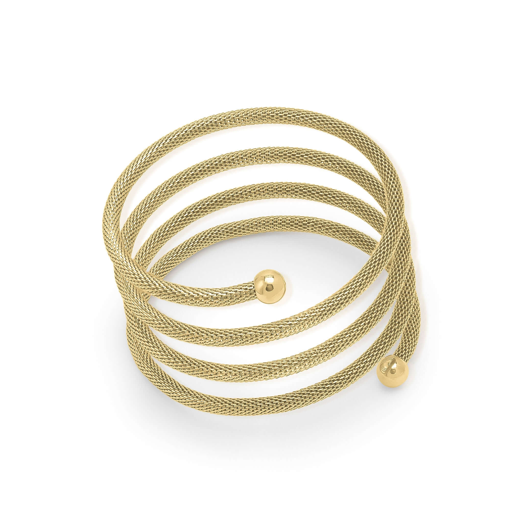 ARIIRA Zina Spiral Mesh Coil Bracelet in soft gold, featuring a textured finish and polished end spheres.