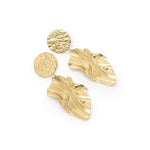 Layla Textured Drop Statement Earrings by ARIIRA featuring hammered disc and leaf-like drop design in gold.