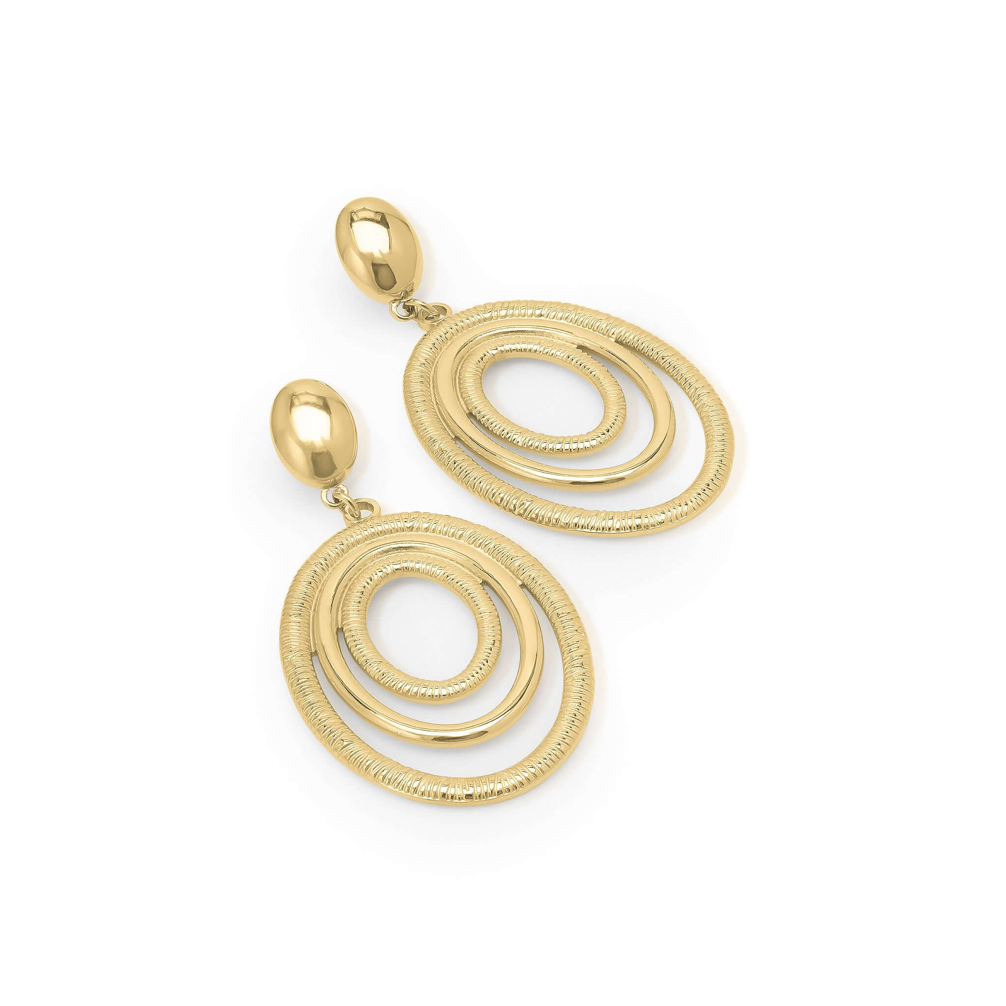 Elena Orbit Drop Earrings by ARIIRA, featuring sculptural golden curves and concentric design for modern elegance.