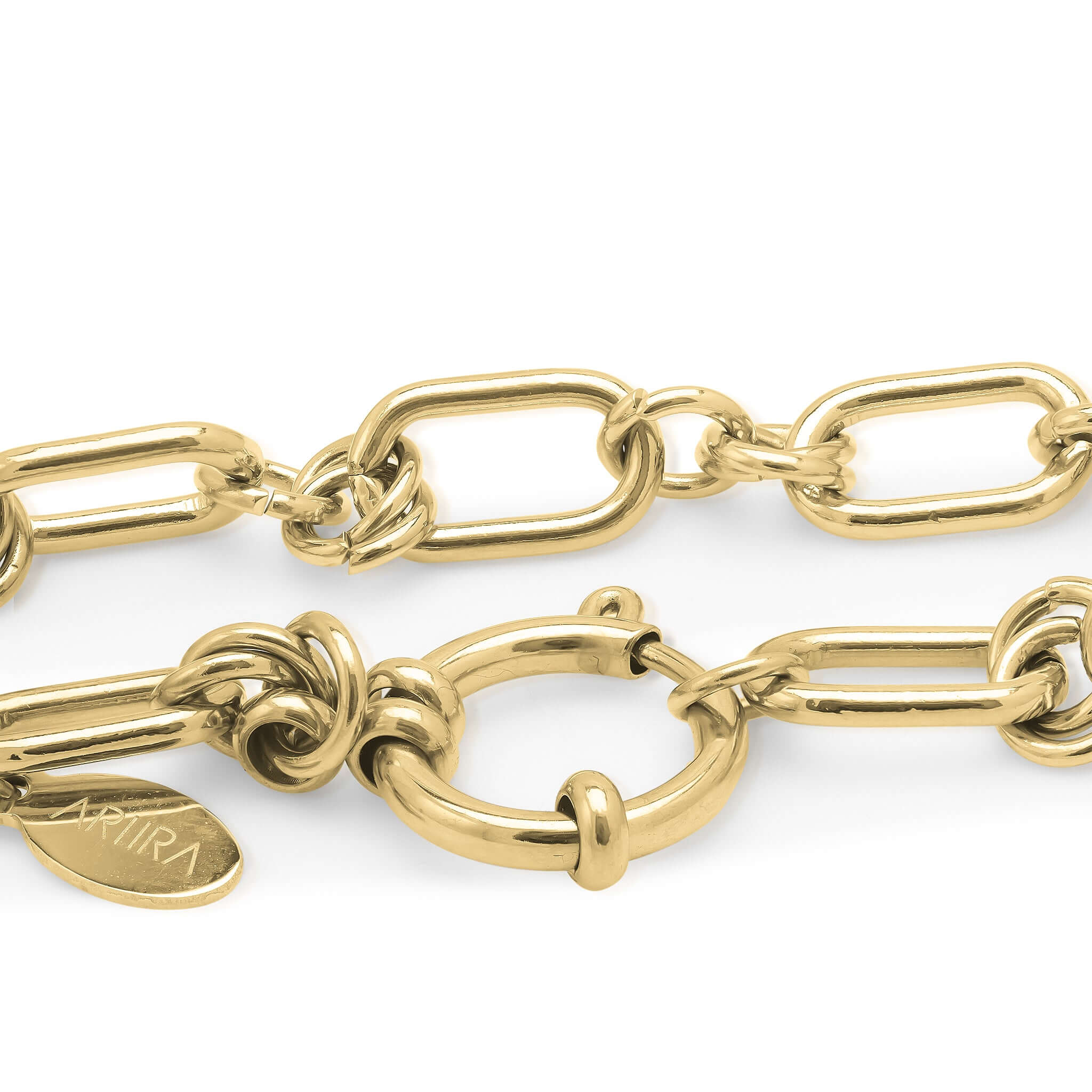 Elina Chunky Link Toggle Chain Necklace by ARIIRA, featuring bold gold links and a circular toggle clasp.