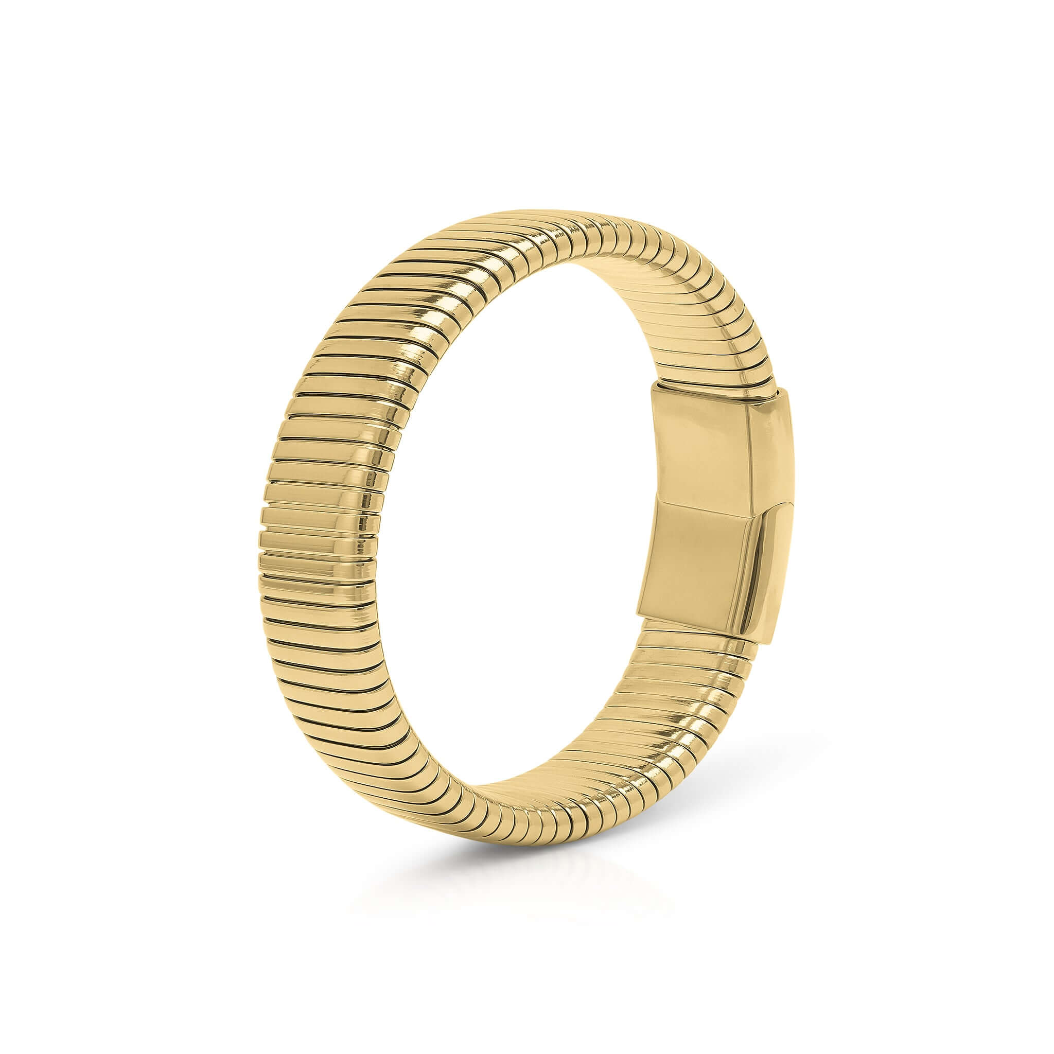 Yasira Ribbed Wide Gold Bangle Bracelet by ARIIRA, featuring a bold ribbed surface and smooth clasp closure.
