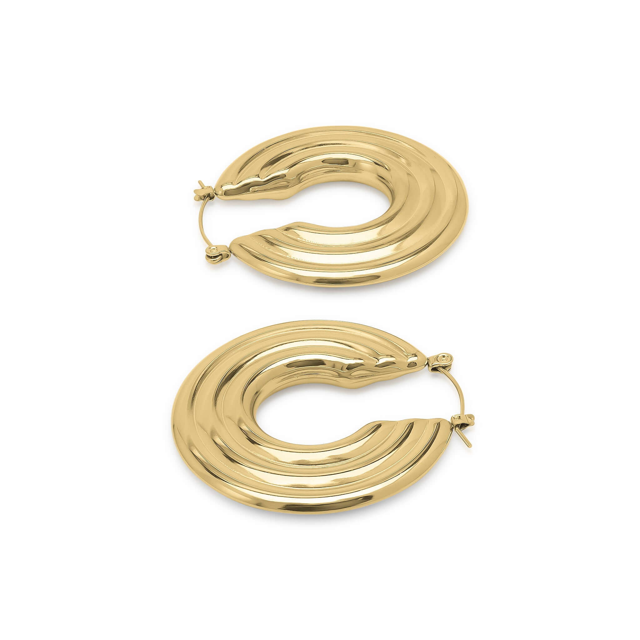 Elia Sculpted Oval Hoop Earrings by ARIIRA in polished gold, showcasing a fluid shape with subtle ridges.