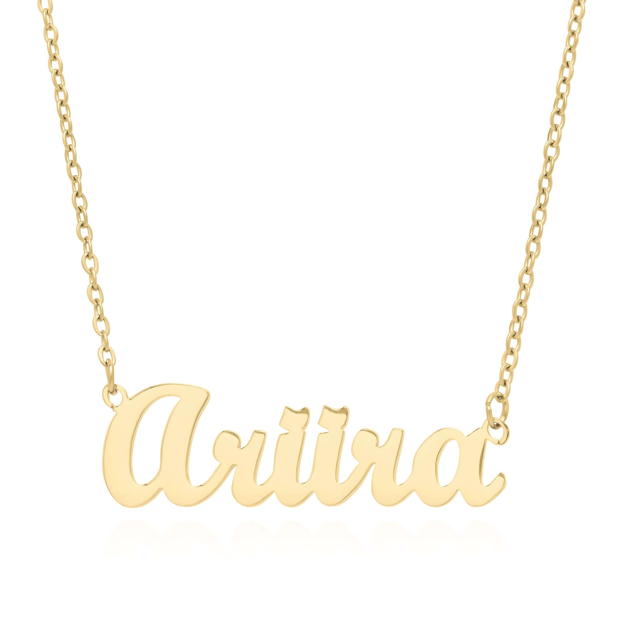 Personalised gold name necklace with 'Ariira' in bold cursive, perfect for gifts and daily wear.