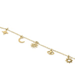 Aylin Gold Celestial Charm Anklet with sun, crescent moon, starburst, and protective eye charms by ARIIRA, waterproof and durable.