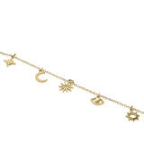 Aylin Gold Celestial Charm Anklet with sun, crescent moon, starburst, and protective eye charms by ARIIRA, waterproof and durable.