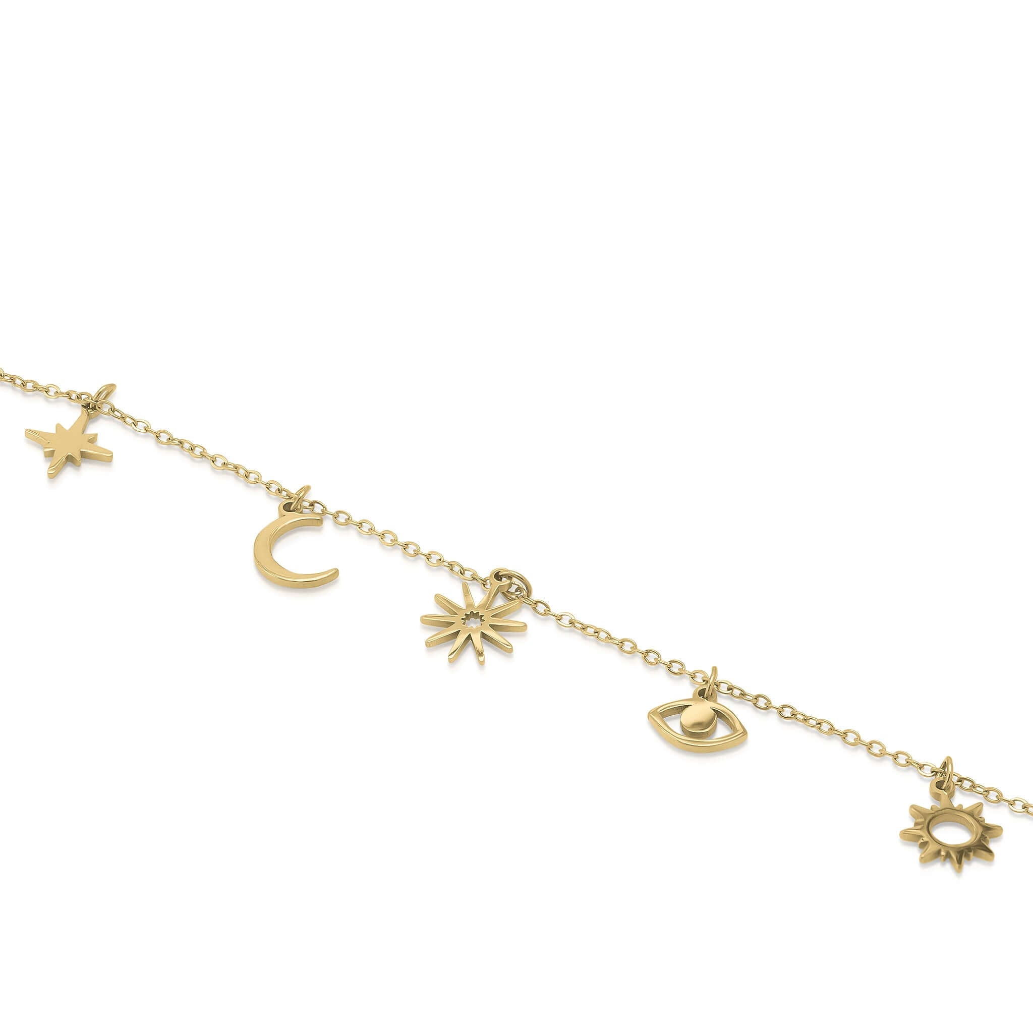 Aylin Gold Celestial Charm Anklet with sun, crescent moon, starburst, and protective eye charms by ARIIRA, waterproof and durable.