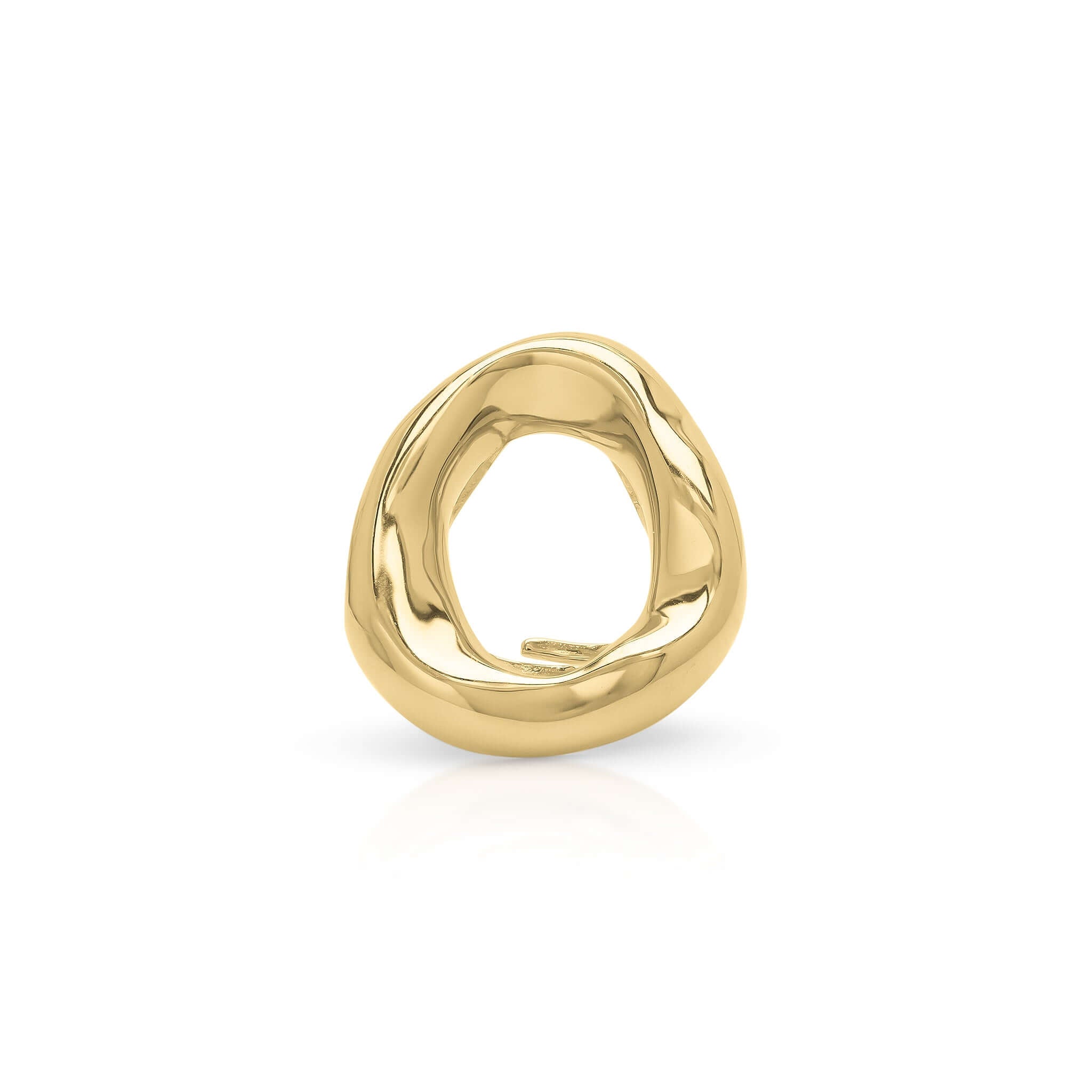 Sculptural statement ring by ARIIRA with organic curves and open center in polished gold, reflecting light elegantly.