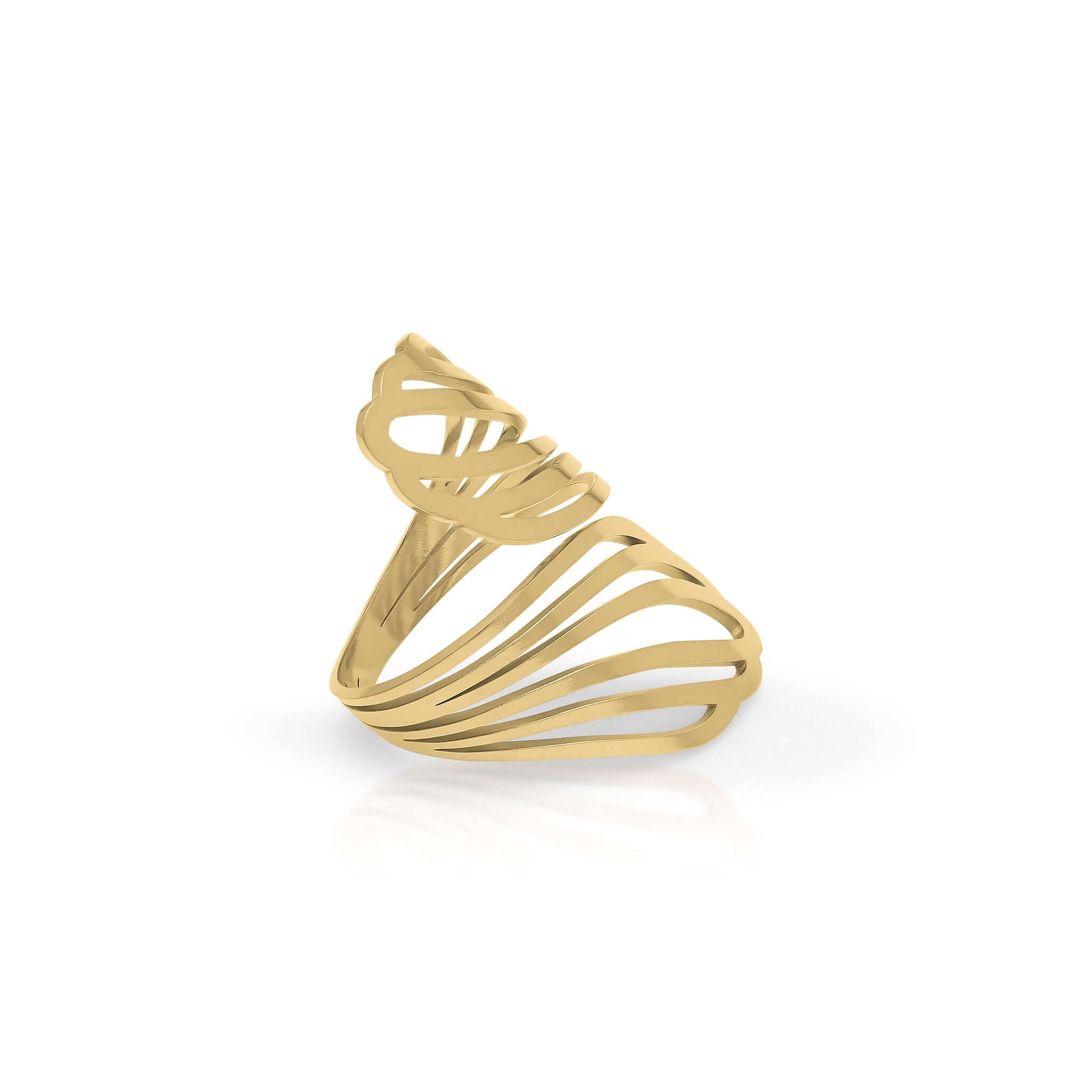 Lina Shell Cut-Out Ring by ARIIRA, showcasing a golden sculptural design that embodies elegance and graceful energy.
