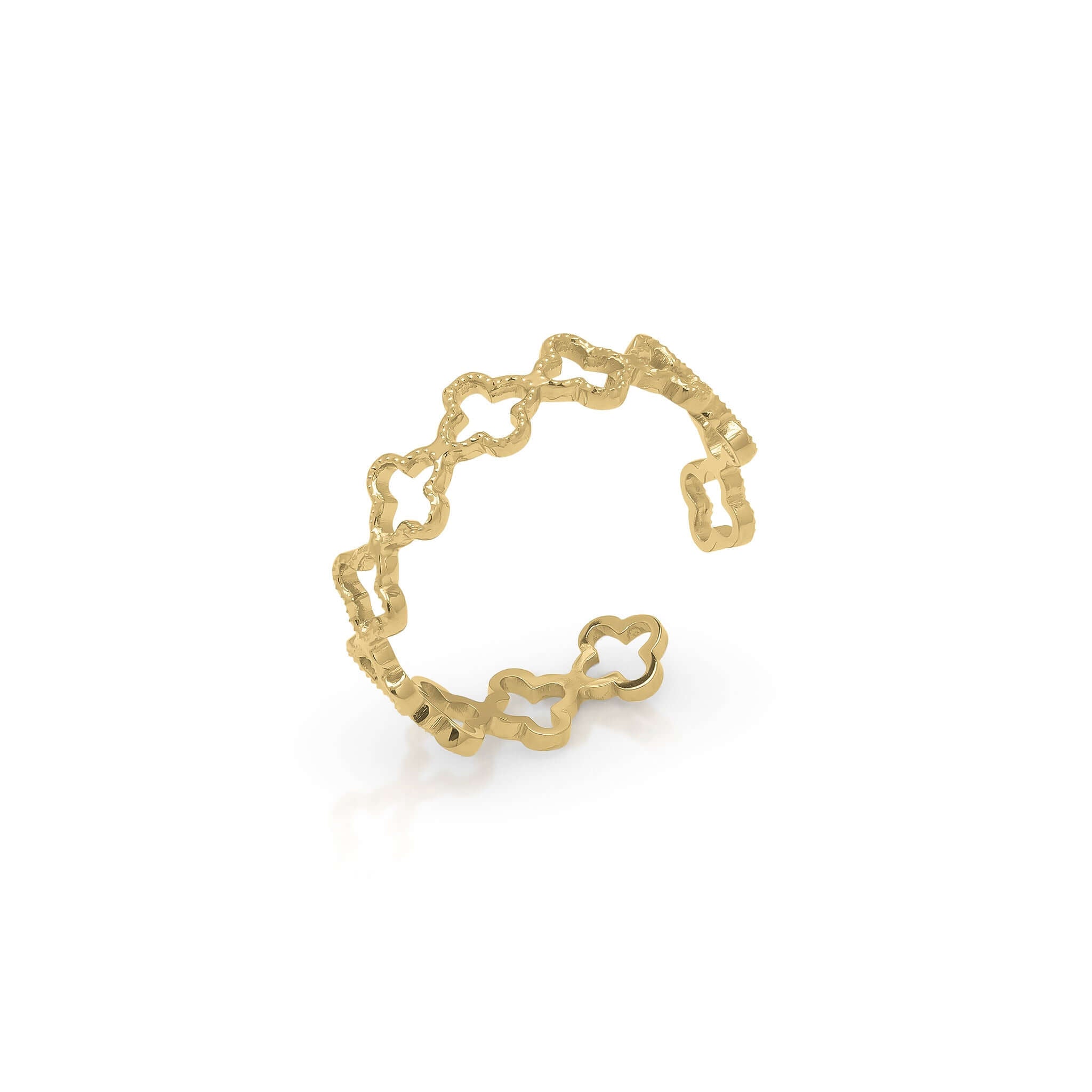 Amira Clover Cut Ring by ARIIRA, featuring a textured, open clover design for everyday elegance.