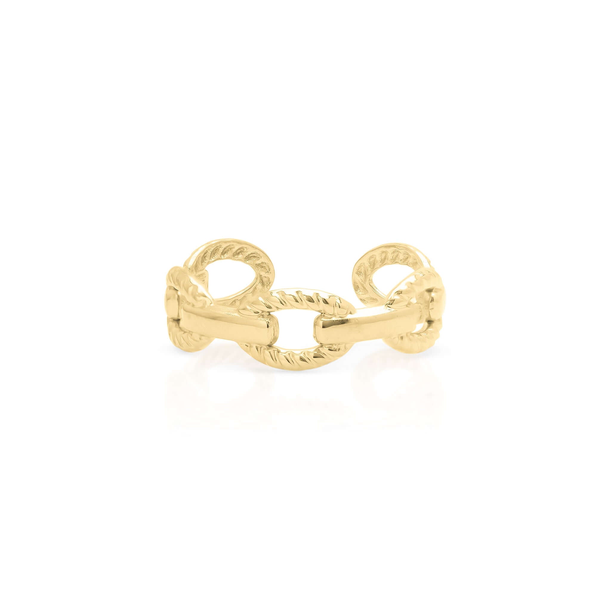 Raya Textured Chain Link Ring by ARIIRA, featuring twisted rope textures and a bold, comfortable design in tarnish-free gold.