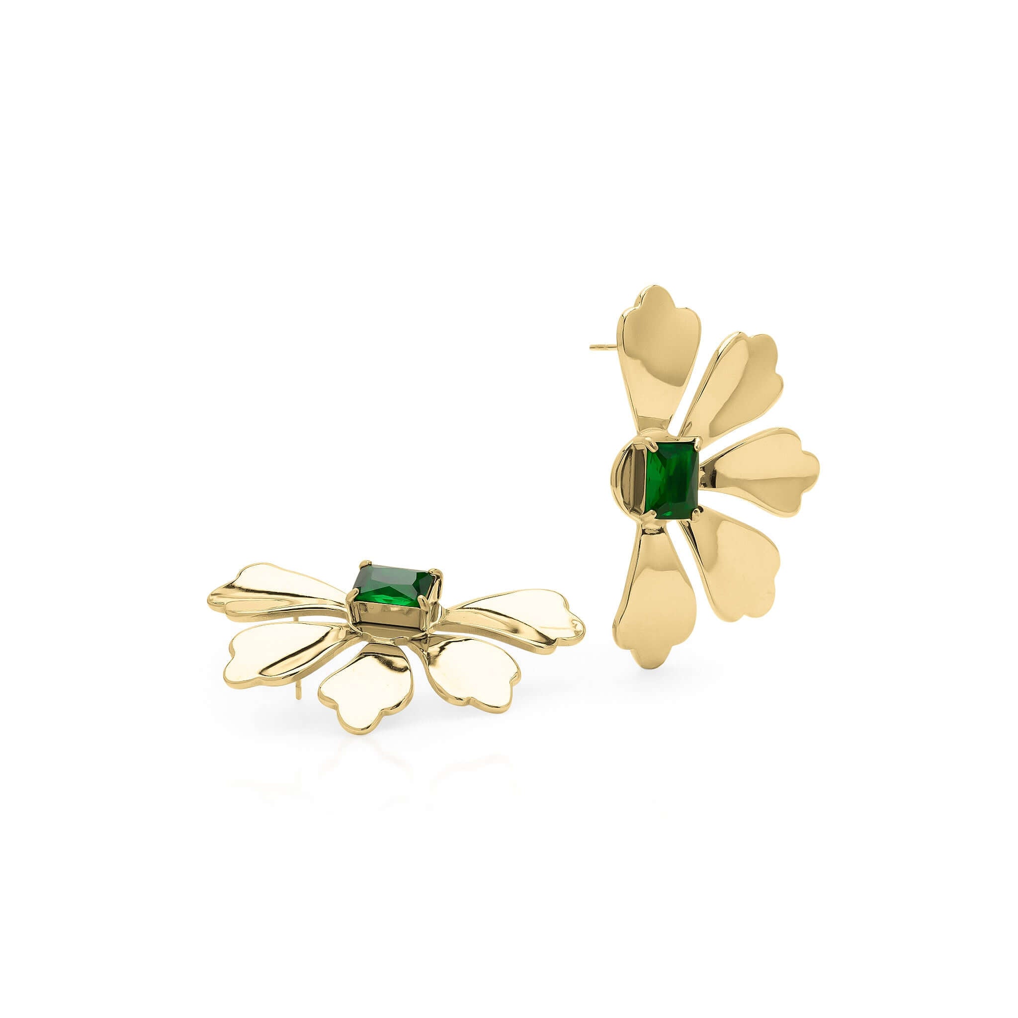 Leila Green Gemstone Flower Earrings by ARIIRA, featuring gold petals and a vibrant green gemstone centerpiece.