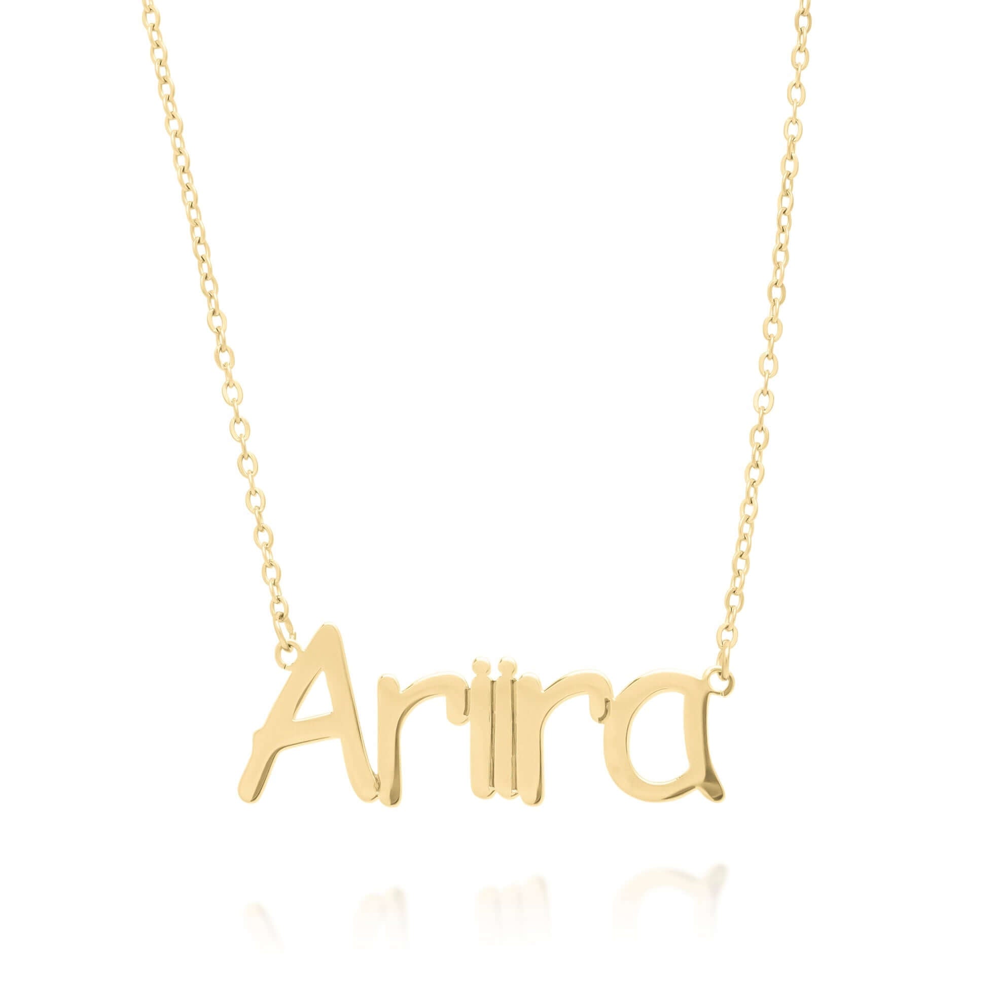 Custom nameplate necklace featuring the name 'Ariira' in gold, perfect for personalized jewelry and self-expression.