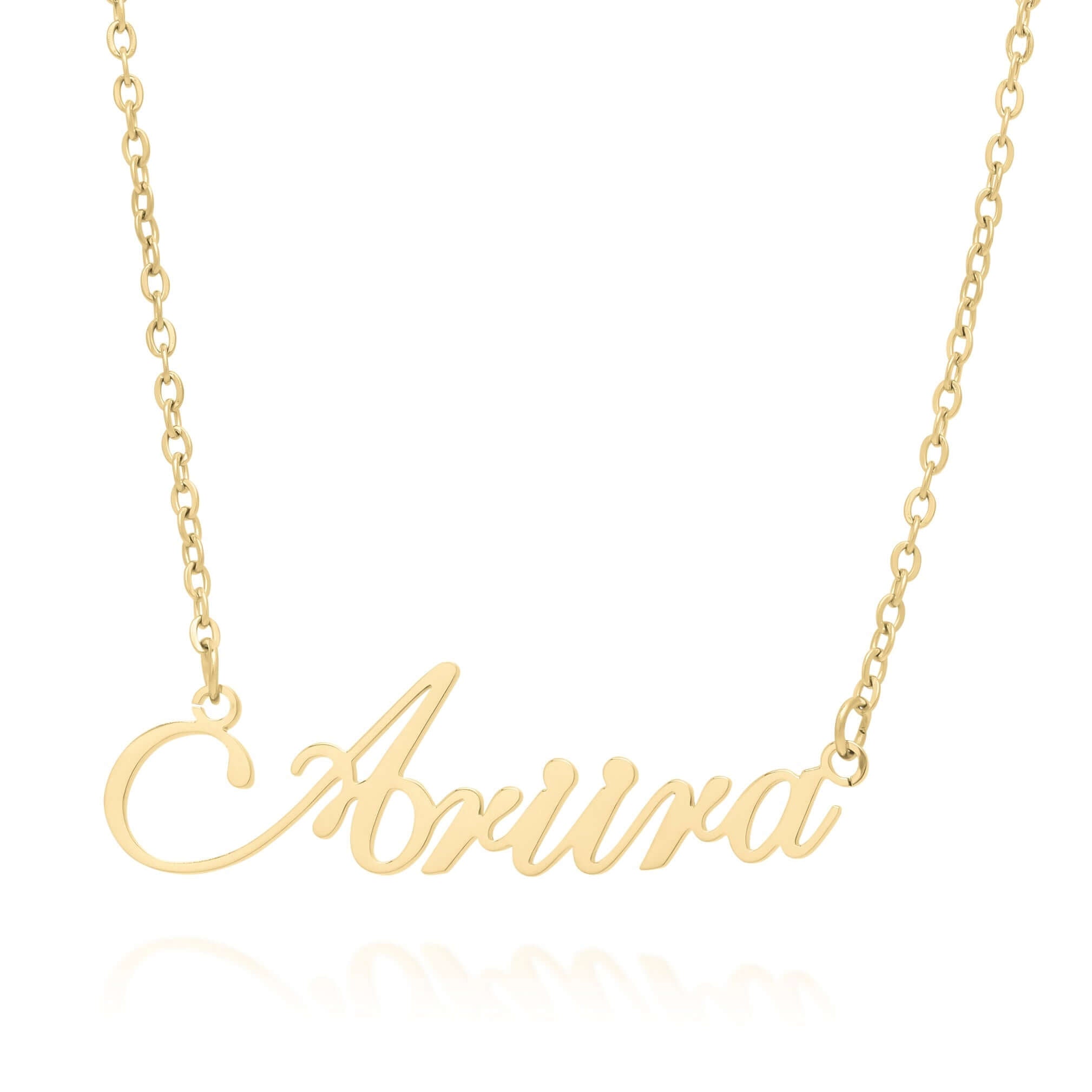 Personalised gold name necklace featuring script design with the name ARIIRA, perfect for everyday elegance.