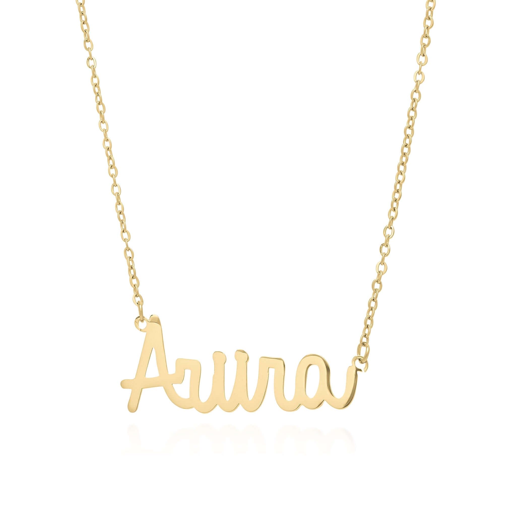 Zayna custom name necklace in script font, featuring the name ARIIRA in elegant gold finish.
